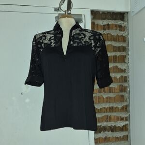 Anne Fontaine Black 1/4 Top with Lace Front Back Yoke Sleeves Size 46